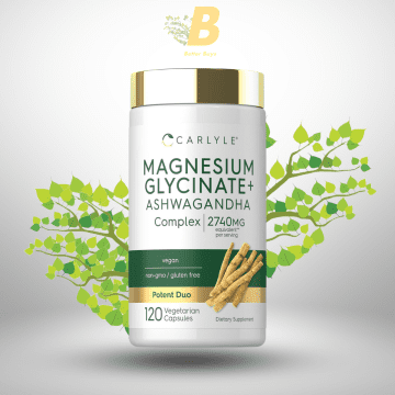 Carlyle Magnesium Glycinate with Ashwagandha | 2,740mg Complex | 120 Vegetarian Capsules | Potent Duo | Non-GMO and Gluten Free Supplement