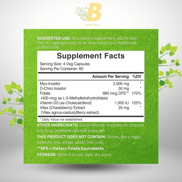 Deal Supplement Myo-Inositol & D-Chiro Inositol Supplement (40:1) 2,050mg Per Serving, 240 Veggie Capsules – with Folate, Vitamin D3, & Vitex Complex – Women Health Supplements – Non-GMO - Image 3