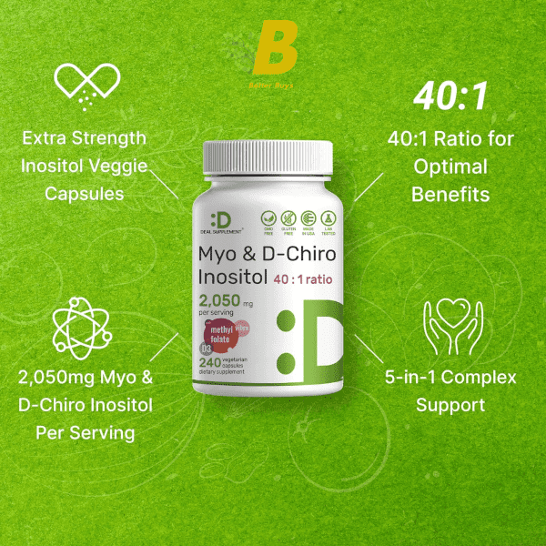 Deal Supplement Myo-Inositol & D-Chiro Inositol Supplement (40:1) 2,050mg Per Serving, 240 Veggie Capsules – with Folate, Vitamin D3, & Vitex Complex – Women Health Supplements – Non-GMO - Image 4