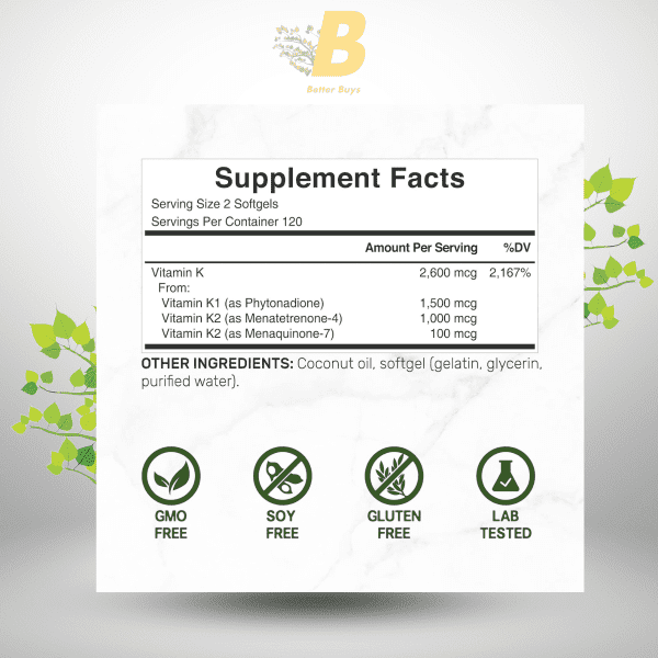 DEAL SUPPLEMENT Premium Vitamin K Complete - High Potency Vitamin K2 (MK-7 and MK-4) & K1, 240 Coconut Oil Infused Softgels - Full Spectrum Triple Vitamin K, Optimal Bone & Heart Health Support - Image 3