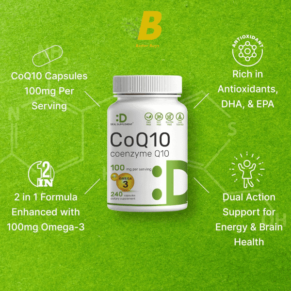 Deal Supplement CoQ10 100mg, 240 Capsules – with Omega 3 Fatty Acid 100mg – Bioavailable Coenzyme Q10 Supplements – Heart, Energy, & Brain Health Antioxidant Support - Image 4