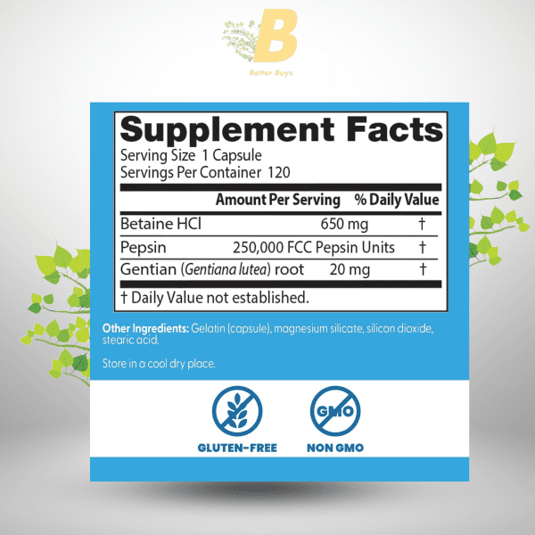 Doctor's Best Betaine HCI Pepsin & Gentian Bitters, Digestive Enzymes for Protein Breakdown & Absorption, Non-GMO, Gluten Free, 120 Caps, Original Version - Image 3