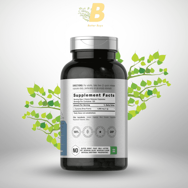 Horbaach L-Tyrosine Supplement | 1000mg | 250 Capsules | Non-GMO and Gluten Free Formula - Image 3