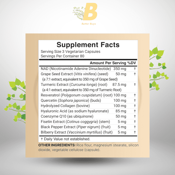 NatureBell NAD+ 1,500mg Per Serving, 240 Veggie Capsules | 10-in-1 Complex with Resveratrol Plus Hyaluronic Acid, Quercetin, Fisetin, Collagen, & More – Nicotinamide Supplement – Non-GMO - Image 3