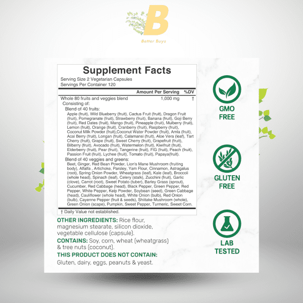 Nature’s Fruits & Veggies Supplement, 240 Veggie Capsules – 80 Whole Food Superfoods for Daily Balance – 40 Fruits with 40 Vegetables and Greens – Non-GMO, Gluten Free - Image 3