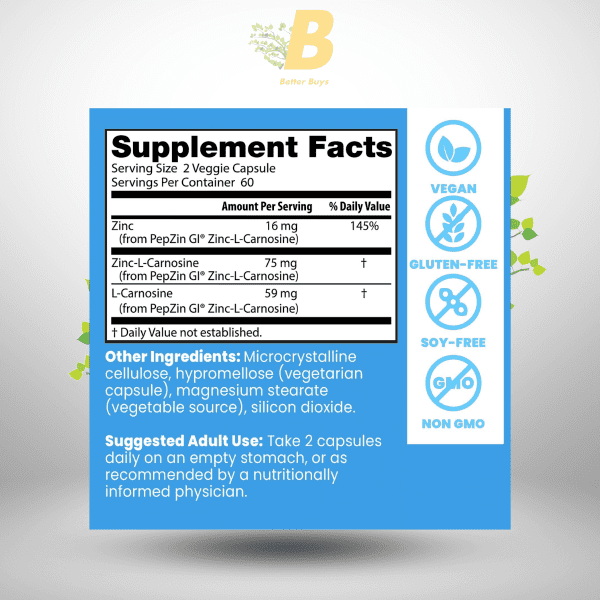 Doctor's Best PepZin GI Zinc-L-Carnosine Complex ,Digestive Support, 120 Veggie Caps - Image 3