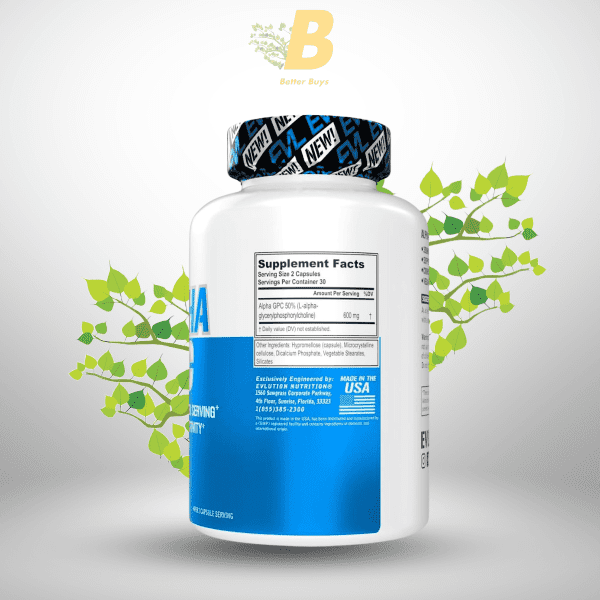 EVL Nootropic Alpha GPC Choline Supplement - Alpha GPC 600 mg Nootropics Brain ,Memory and Focus Support  Supplement Acetylcholine Precursor and Mood Booster - Image 3