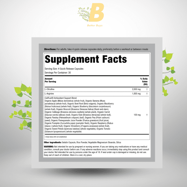 Fitness Labs Nitric Oxide Boost, with L-Citrulline, L-Arginine and Spectra, 30 Servings, 120 Capsules - Image 3