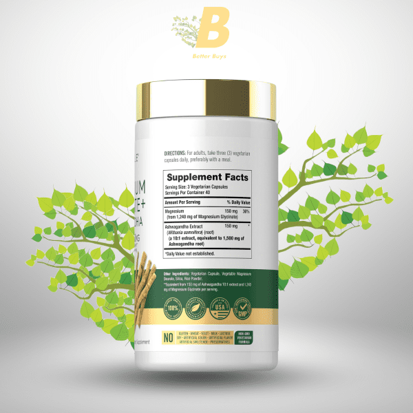 Carlyle Magnesium Glycinate with Ashwagandha | 2,740mg Complex | 120 Vegetarian Capsules | Potent Duo | Non-GMO and Gluten Free Supplement - Image 3