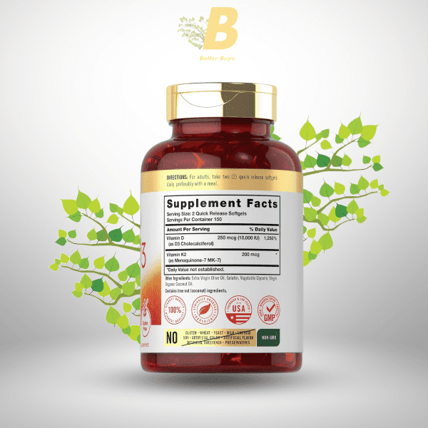Carlyle Vitamin K2 + D3 Supplement | 300 Softgels | 200mcg MK-7 & 10,000 IU D3 | Non-GMO Bone & Heart Health Supplement - Image 3