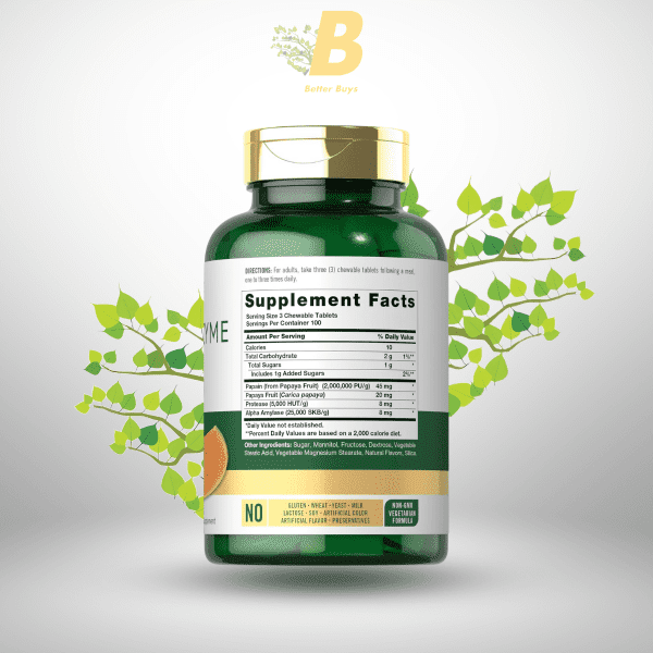 Carlyle Papaya Enzyme Chewable Tablets | 300 Count | Tropical Flavor | Digestive Enzyme Complex | Non-GMO & Vegetarian Supplement - Image 3