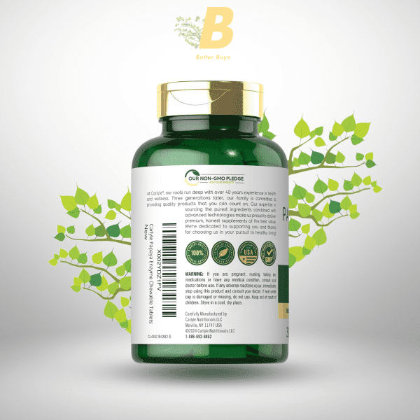 Carlyle Papaya Enzyme Chewable Tablets | 300 Count | Tropical Flavor | Digestive Enzyme Complex | Non-GMO & Vegetarian Supplement - Image 4