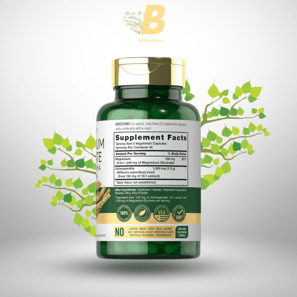 Carlyle Magnesium Glycinate with Ashwagandha | 2,740mg Complex | 120 Vegetarian Capsules | Potent Duo | Non-GMO and Gluten Free Supplement - Image 3