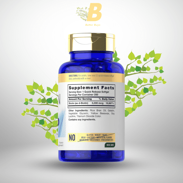 Carlyle Biotin 5000mcg Softgels | 200 Count | Vitamins for Hair Skin and Nails | Non-GMO, Gluten Free Supplement - Image 3