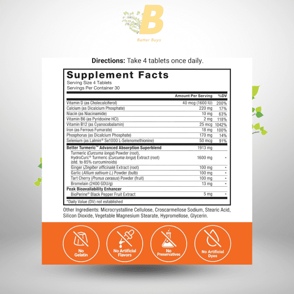 FORCE FACTOR Better Turmeric Curcumin 1600mg with Black Pepper & Ginger, Clinical Strength Joint Support Supplement, Superior Absorption, 120 Tablets - Image 3
