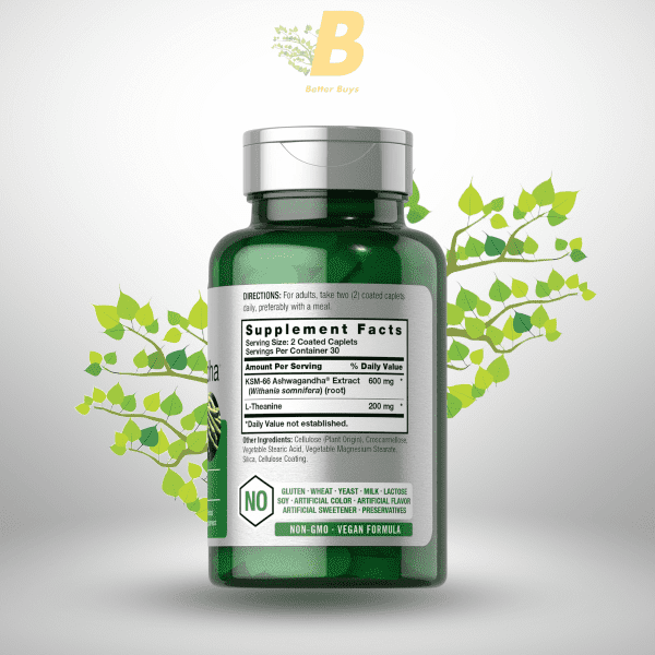 Horbaach KSM-66 Ashwagandha 600mg | with L-Theanine  60 Coated Caplets  Vegan, Non-GMO, Gluten Free Complex Supplement - Image 3