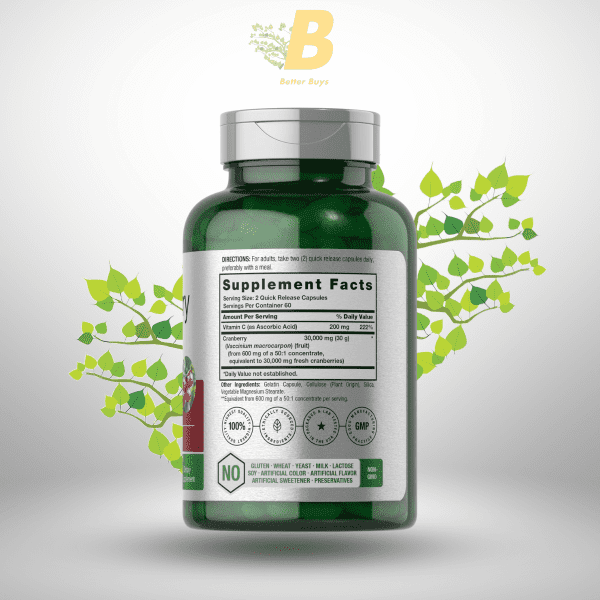 Horbäach Cranberry Concentrate Extract Pills + Vitamin C  30,000mg 120 Capsules  Triple Strength Ultimate Potency Formula - Image 3