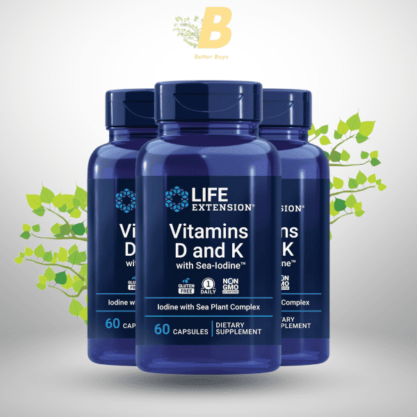 Life Extension Vitamins D and K with Sea-Iodine, vitamin D3, vitamin K1 and K2, iodine, supports immune, bone, arterial and thyroid health 60 capsules - Image 2