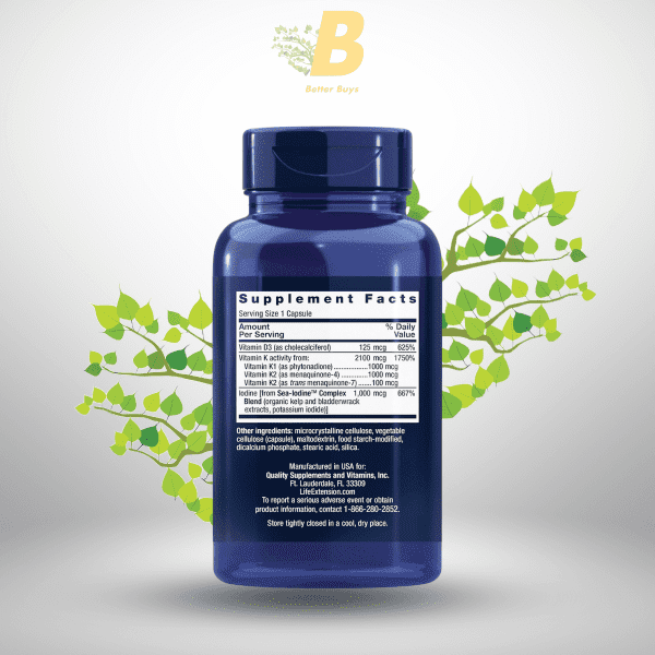 Life Extension Vitamins D and K with Sea-Iodine, vitamin D3, vitamin K1 and K2, iodine, supports immune, bone, arterial and thyroid health 60 capsules - Image 3