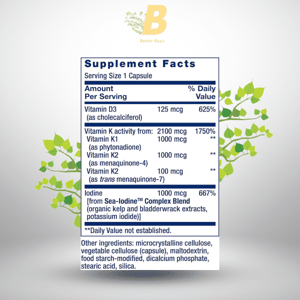 Life Extension Vitamins D and K with Sea-Iodine, vitamin D3, vitamin K1 and K2, iodine, supports immune, bone, arterial and thyroid health 60 capsules - Image 4