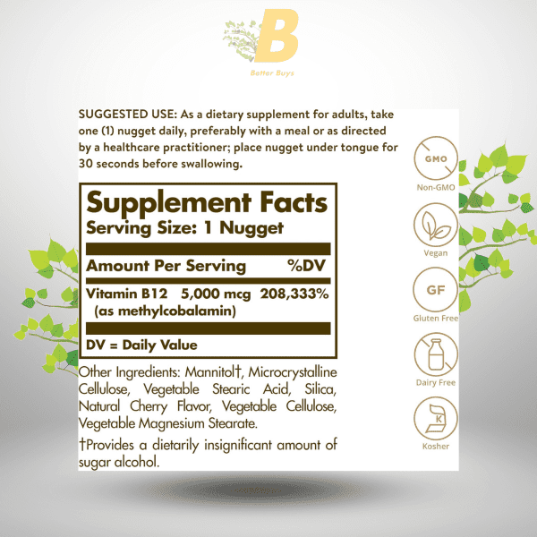 Solgar Methylcobalamin (Vitamin B12) 5000 mcg Energy Metabolism & Nervous System Support ,60 Nuggets - Image 3