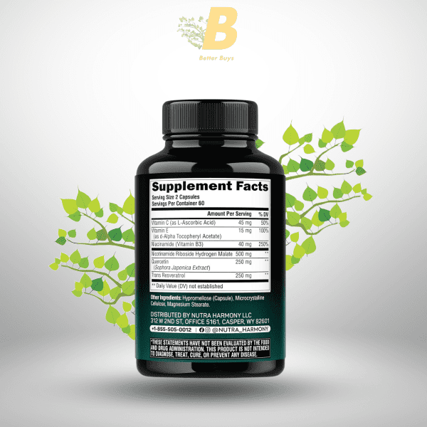 Nutra Harmony NAD+ Supplement - Nicotinamide Riboside with Resveratrol & Quercetin for Energy, Focus & Longevity, 120 Capsules - Image 3