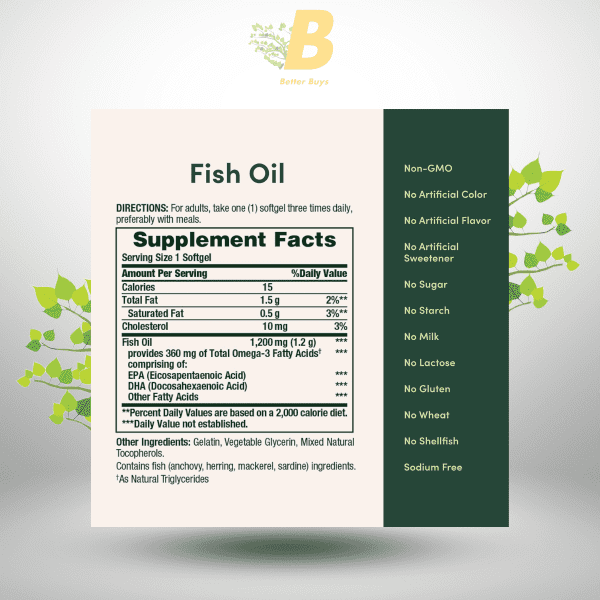 Nature's Bounty Fish Oil Omega-3 Supplement 1200mg – Supports Heart Health – 200 Softgels - Image 3