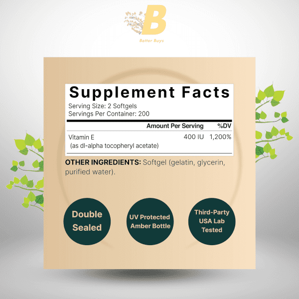 NatureBell Vitamin E Oil Softgels 400 IU, Antioxidant Supplement  for Skin, Heart, & Immune Health, 400 Pills - Image 3