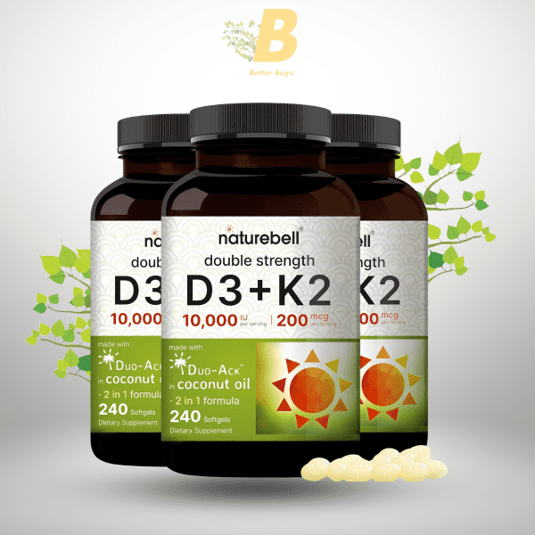 NatureBell Vitamin D3 K2 (10,000 IU + 200mcg K2 MK7) with Coconut Oil Supplement for Immune, Bone, Heart Health, 240 Softgels (8-Month Supply) - Image 2