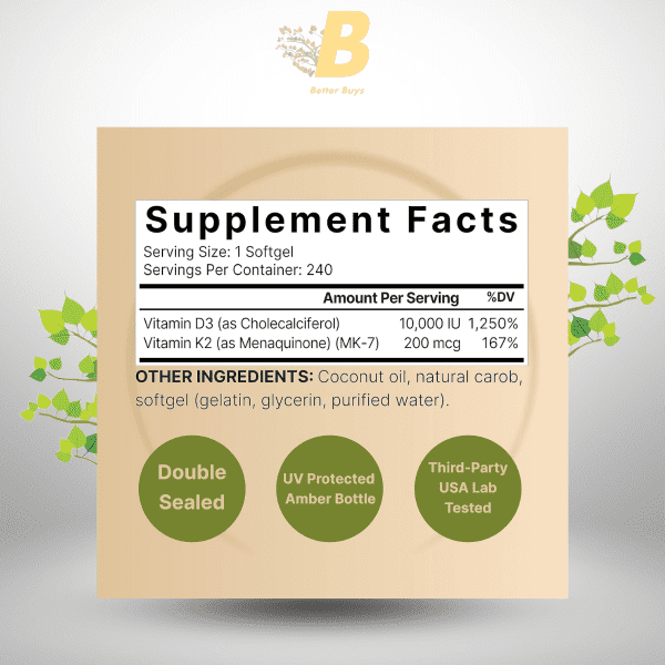NatureBell Vitamin D3 K2 (10,000 IU + 200mcg K2 MK7) with Coconut Oil Supplement for Immune, Bone, Heart Health, 240 Softgels (8-Month Supply) - Image 3