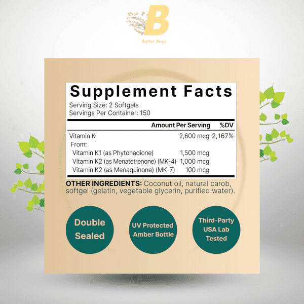 NatureBell Vitamin K Complex 2,600mcg – Full Spectrum K1 & K2 Supplement  Heart & Bone Support 300 Coconut Oil Softgels - Image 3