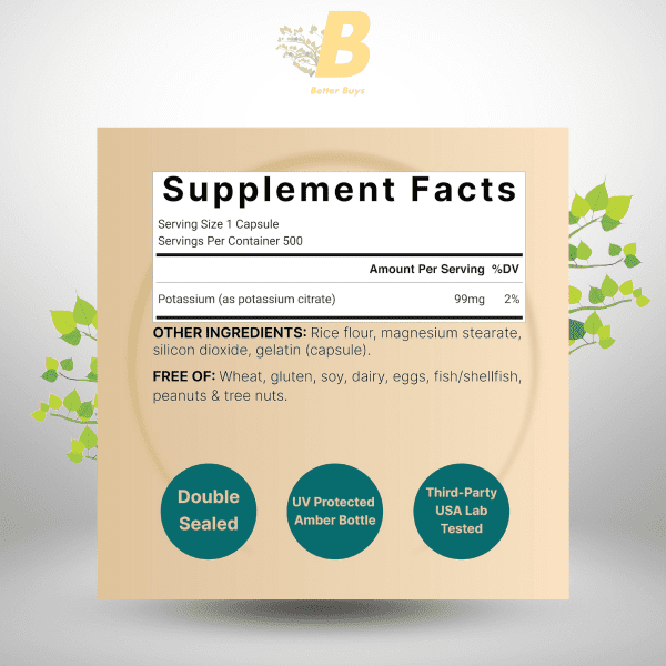 Naturebell Potassium Citrate Supplement 99mg, 500 Capsules , Easily Absorbed Chelated Form – Essential Mineral Electrolyte Balance – Supports Muscle, Bone, & Heart Health – Non-GMO - Image 3