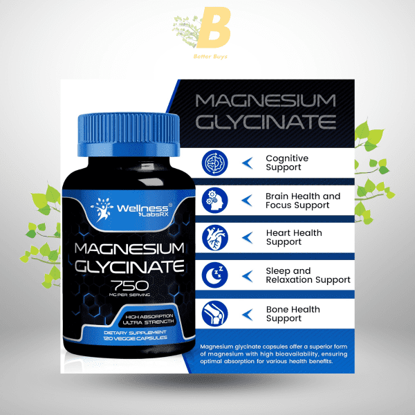 Wellness Labs Magnesium Glycinate 750mg | High Absorption Chelated Calm Support for Women and Men - Glicinato De Magnesio, Magnesium Chelate Supplement for Heart Health, Sleep Support - 120 Count - Image 4
