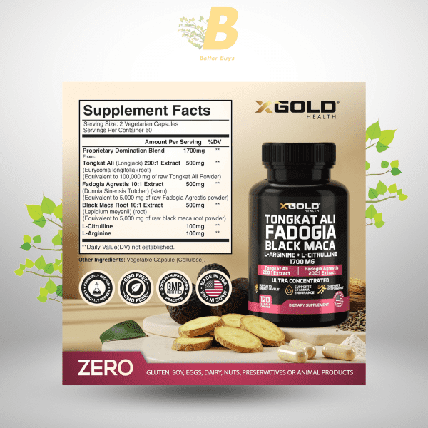 X Gold Health Tongkat Ali, Fadogia Agrestis, Black Maca, L-Arginine & L-Citrulline 120 Capsule - Image 3