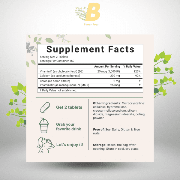 Micro Ingredients Calcium 1200mg with Vitamin D3 & K2 300 Tablets - Image 3