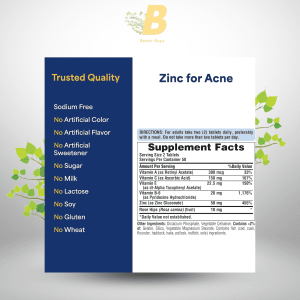 Puritan's Pride Zinc for Acne Skin Formula 100 Tablets - Image 3