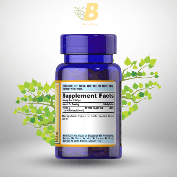 Puritan’s Pride Vitamin D3 50 mcg (2000 IU) 100 Capsules - Image 3