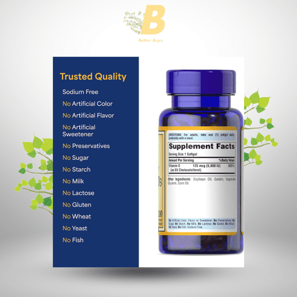 Puritan's Pride Vitamin D3 5000 IU 200 or 100 Softgels - Image 3