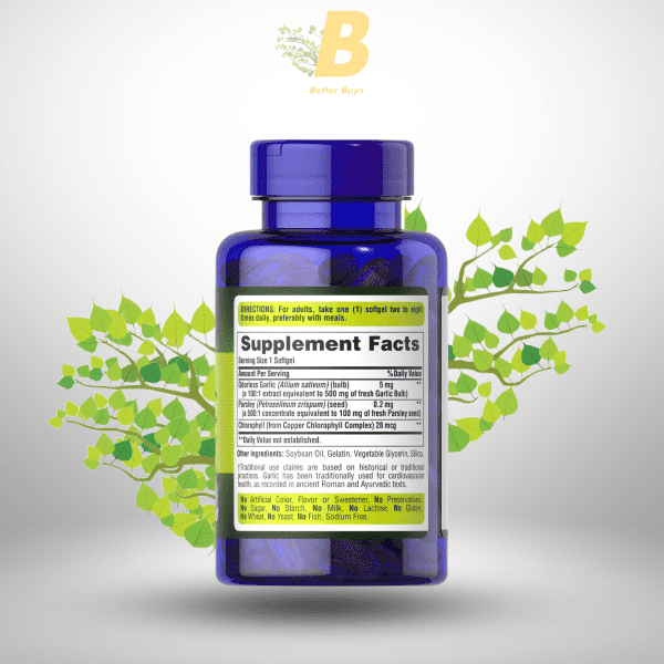 Puritan's Pride Odorless Garlic & Parsley 500 mg / 100 mg 250 Softgels - Image 3