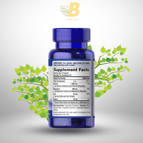 Puritan's Pride Calcium Magnesium Zinc Caplets 100 Count - Image 3