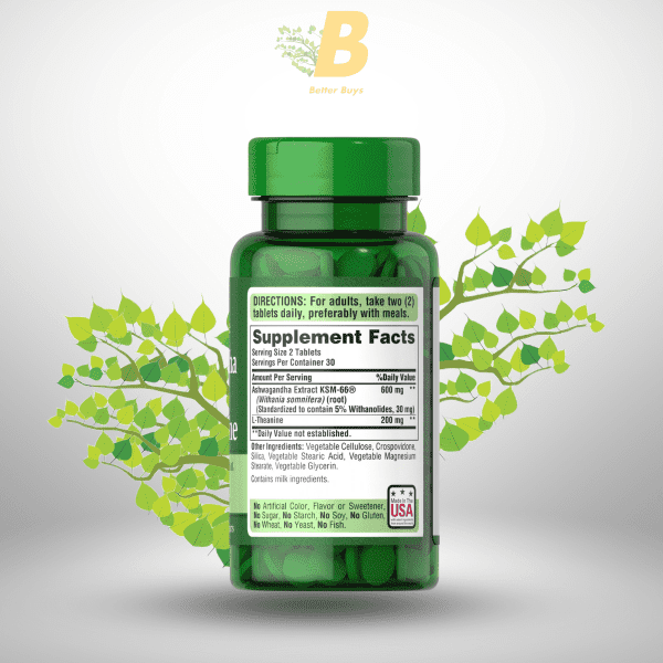 Puritan's Pride Ashwagandha KSM-66 & L-Theanine 60 Tablets - Image 3