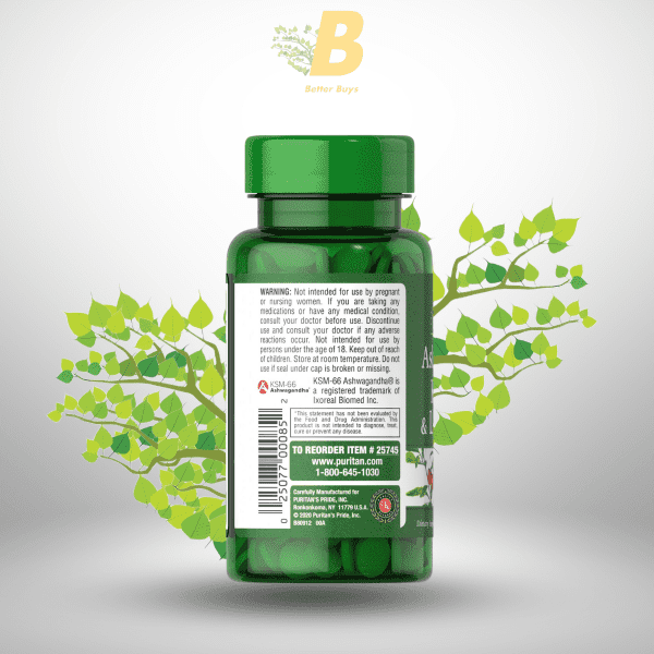 Puritan's Pride Ashwagandha KSM-66 & L-Theanine 60 Tablets - Image 4