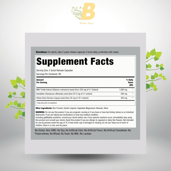 Piping Rock Milk Thistle, Dandelion & Yellow Dock | 180 Capsules | Concentrated Extract Complex | Non-GMO, Gluten Free Supplement - Image 3