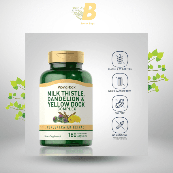 Piping Rock Milk Thistle, Dandelion & Yellow Dock | 180 Capsules | Concentrated Extract Complex | Non-GMO, Gluten Free Supplement - Image 4