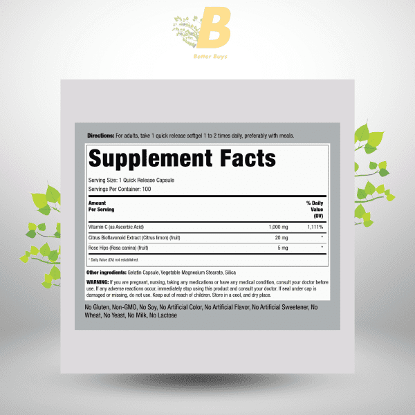 Piping Rock Vitamin C 1000 mg with Bioflavonoids & Rose Hips, 100 Quick Release Capsules - Image 3