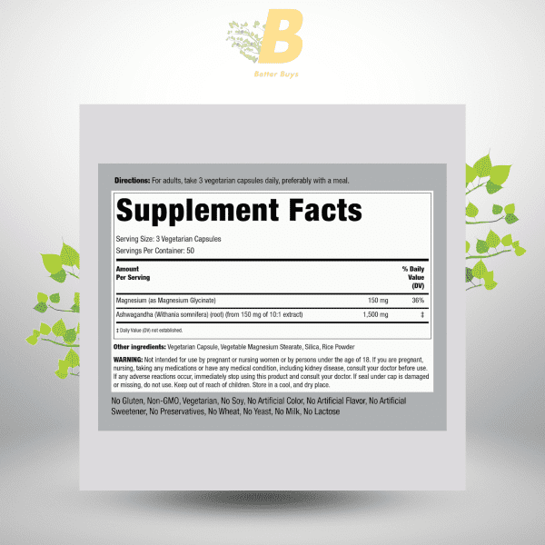 Piping Rock Magnesium Glycinate and Ashwagandha | 150 Capsules | Premium Complex Formula | Vegetarian Supplement | Non-GMO, Gluten Free - Image 3