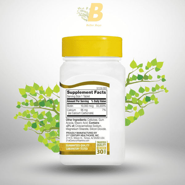 21st Century Biotin Tablets, 10,000 mcg, Unflavored 120 Count - Image 3