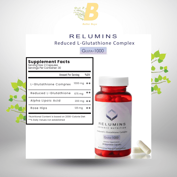 Relumins L Glutathione Supplement Complex - Reduced Glutathione 1000mg with Alpha Lipoic Acid & Rose HIPS Capsules for Nourished & Smoother Skin, 60 Caps - Image 3