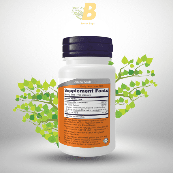 NOW Glutathione-500 mg, 30 Veg Capsules - Image 3