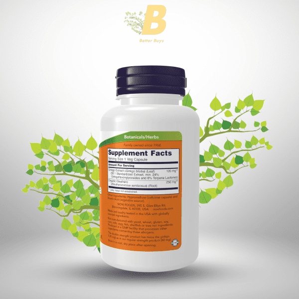NOW Foods Supplements, Ginkgo Biloba 120 mg, Double Strength, Non-GMO Project Verified, 100 Veg Capsules - Image 3